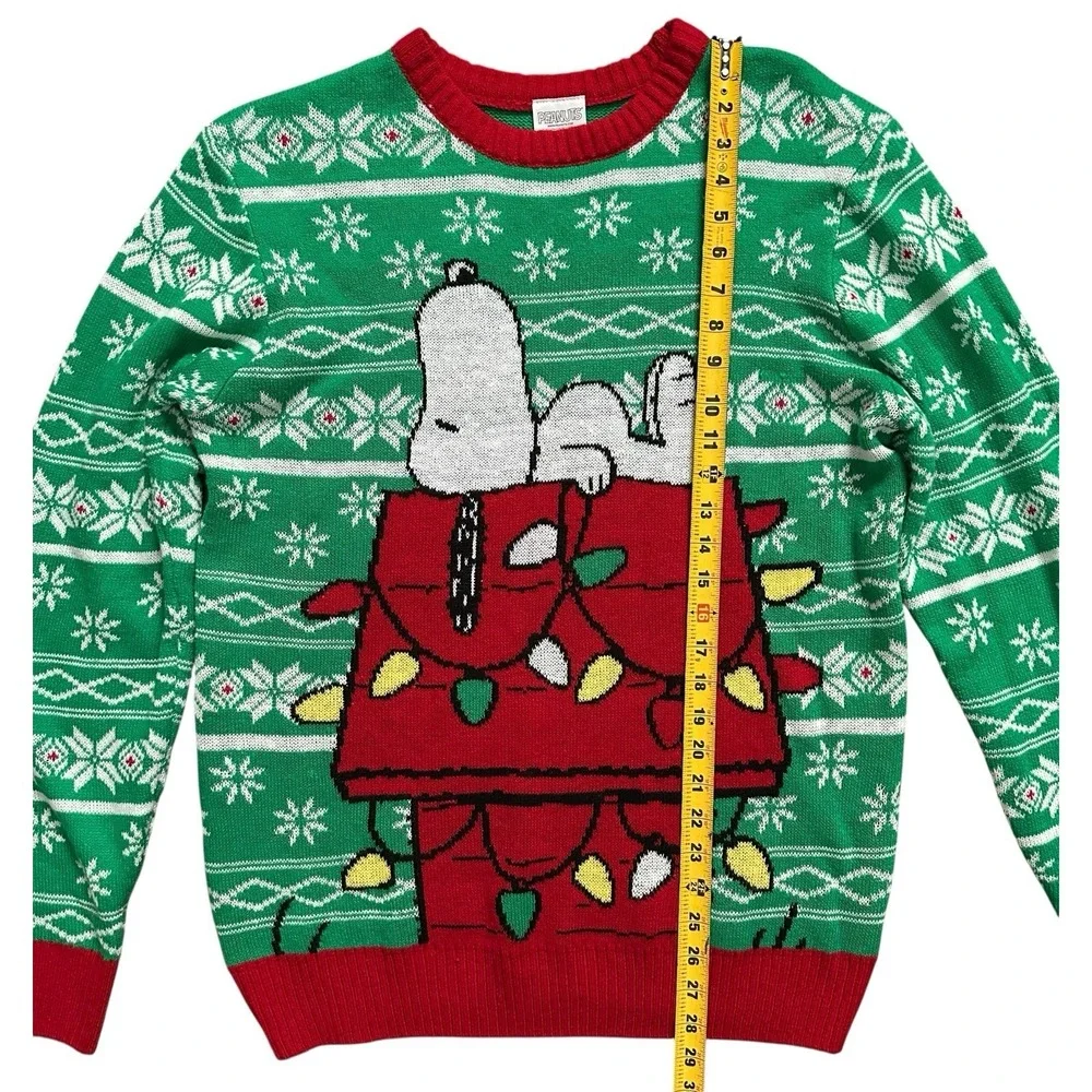 Peanuts Snoopy Doghouse Ugly Christmas Sweater Green Knitted Pullover Men's Sz L